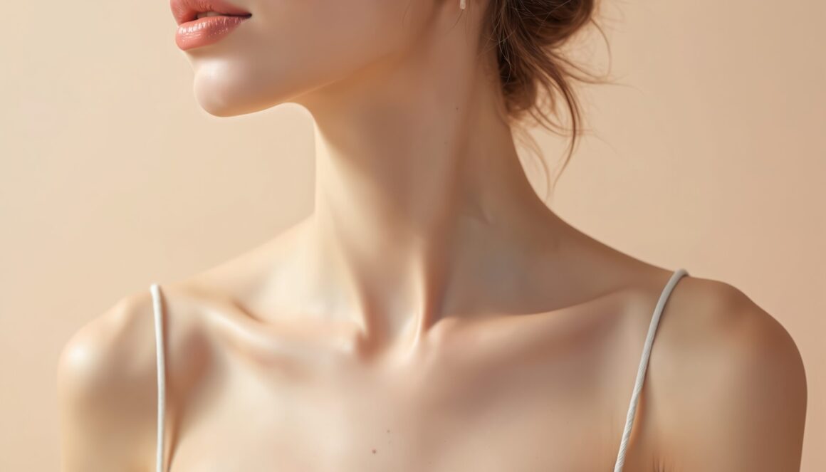 Young woman shows smooth skin. Shoulder neck close-up. Fresh look, natural beauty concept. Soft skin, perfect body. Lips, collarbone. Aesthetic portrait, skincare body care.